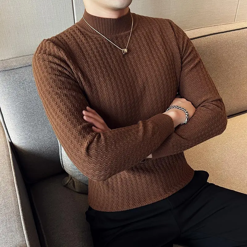 2023 New Men's Jacquard Half Turtleneck Stylish Casual Thick Warm Pullover Men's Winter Sturdy Knit Sweater