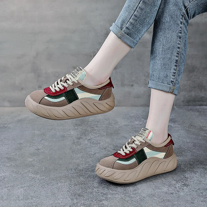 Autuspin Nubuck Leather Vulcanized Shoes Ladies Spring Autumn Retro Women Casual Chunky Sneakers Outdoor Cross Tied Sneaker 4cm