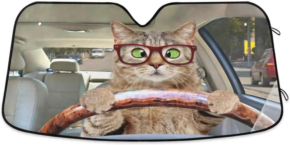 

Oarencol Fun Cat Driving Car Windshield Sun Shade Foldable UV Ray Sun Visor Protector Sunshade to Keep Your Vehicle Cool (55" x