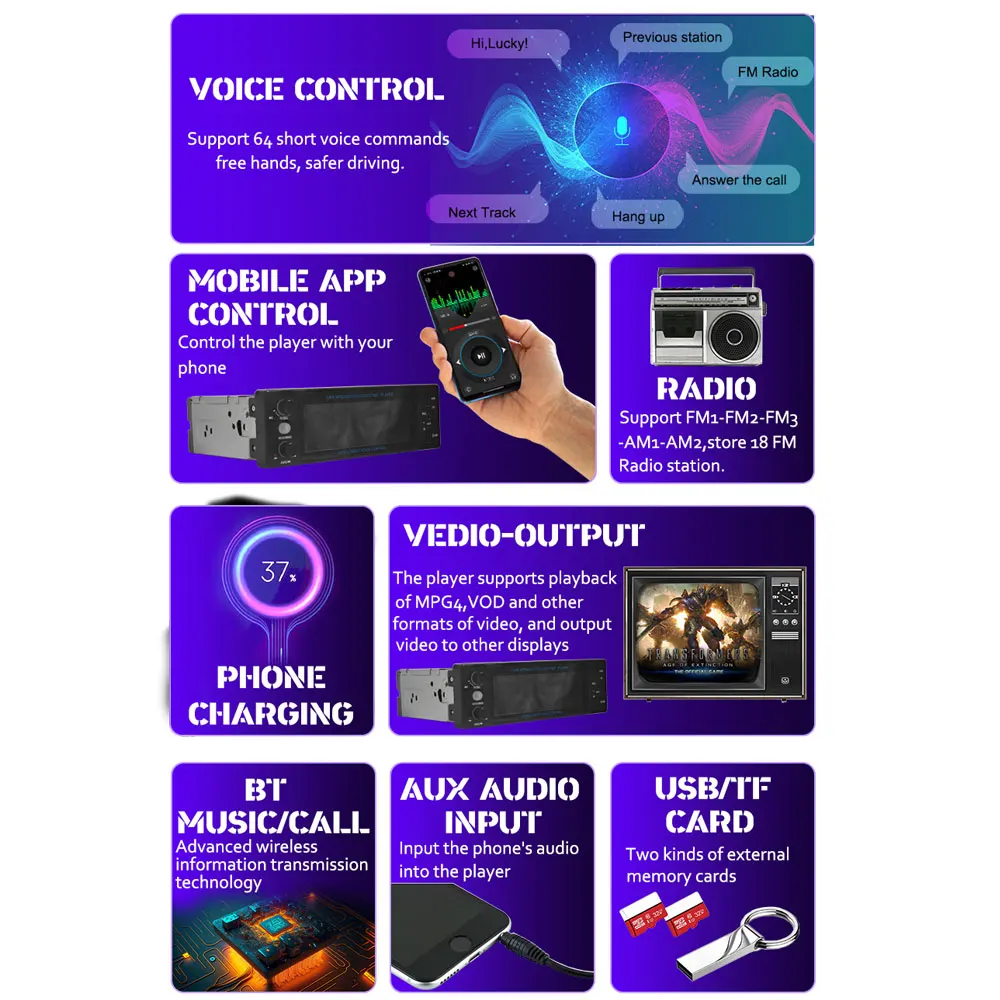 KNOWRO Автомобильный MP3-плеер с приложением и голосовым управлением видеовыход 1 DIN
