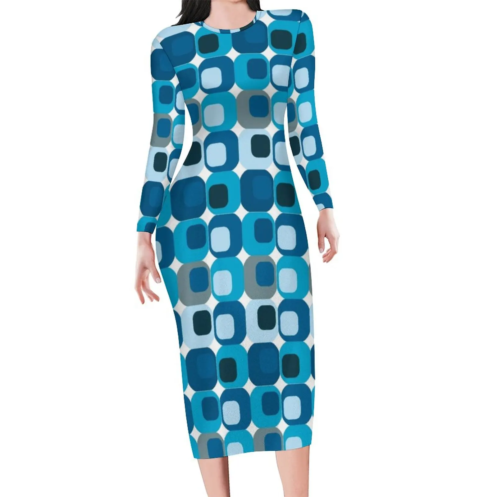 

Ретро мод квадратное Платье синее абстрактный принт уличная одежда облегающее платье летние элегантные платья с длинным рукавом индивидуальная Одежда большого размера
