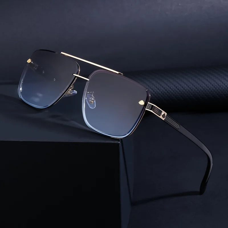 

New Retro Pilot Sunglasses UV400 Men Metal Double Beam Shades Male Square Frame Rimless Driving Fishing Sun Glasses Gafas De Sol