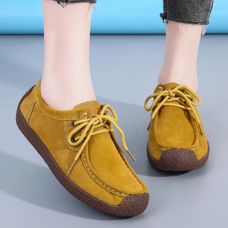 

Suede Leather Women Casual Shoes Lace Up Flats Sneakers Women Moccasins Designer Loafers Ladies Shoes Woman Chaussures Big Size