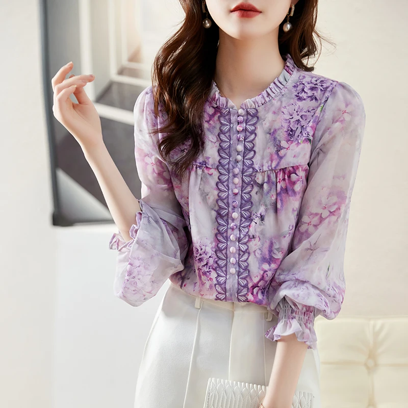 

Fashion Loose Printed Folds Ruffles Lantern Sleeve Blouse Women's Clothing 2023 Spring Summer New Casual Pullovers Korean Shirt
