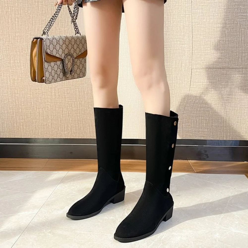 Women's Boots Square Heel Round Toe Knee High Boots Women's Shoes Winter Boots Black Medium Size 35-43 Chelsea