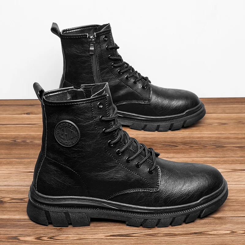 GREENGLIN-6263 New Classic Leather Men's Hiking Shoes Tie Up Men's Martin Zipper Casual Fashion Versatile Fashion Shoes