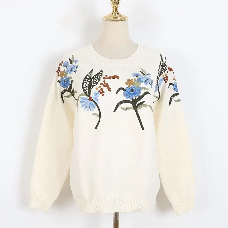 

Brand Luxury Loose Lazy Sequin Embroidered Flower White Sweaters 2022 Winter Long Sleeve Pullovers Tops Clothing
