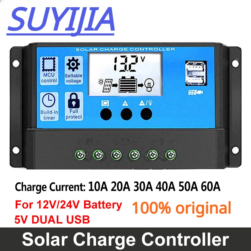 

lifepo4 PWM 60A 50A 40A 30A 20A 10A Solar Charge Controller 12V/24V Battery Auto MPPT Regulator With Dual USB 5V&LCD Screen