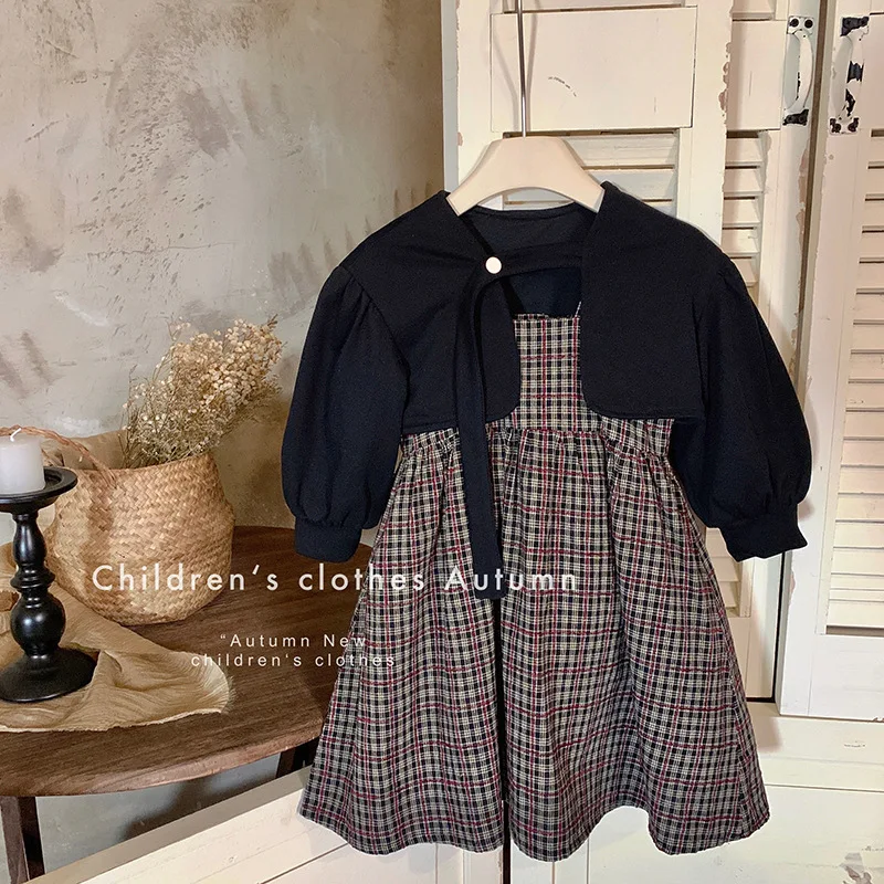 

2023 Girl Dresses Children Plaid Dress Set for Autumn Infants Vintage Suspender Skirts + Princess Black Cardigan Girls' Outfit