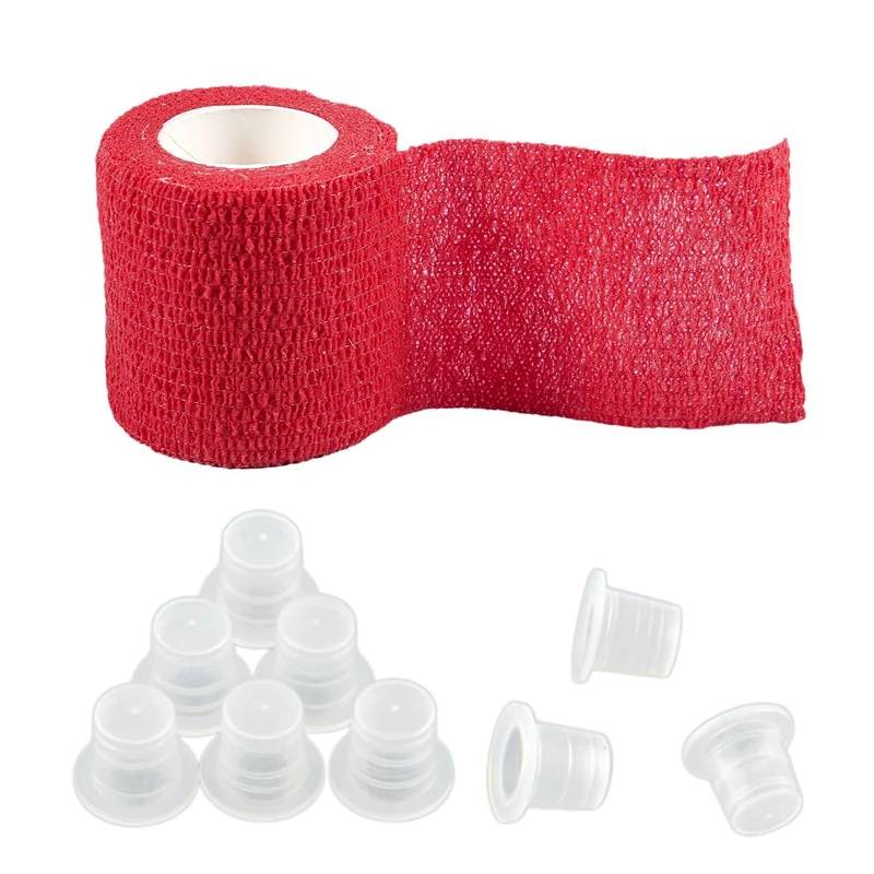 

200Pcs Tattoo Ink Cups Caps Supplies & 1Pcs Self Adherent Adhesive Free Grip Comfort Wrap Cover Tattoo Handle Red