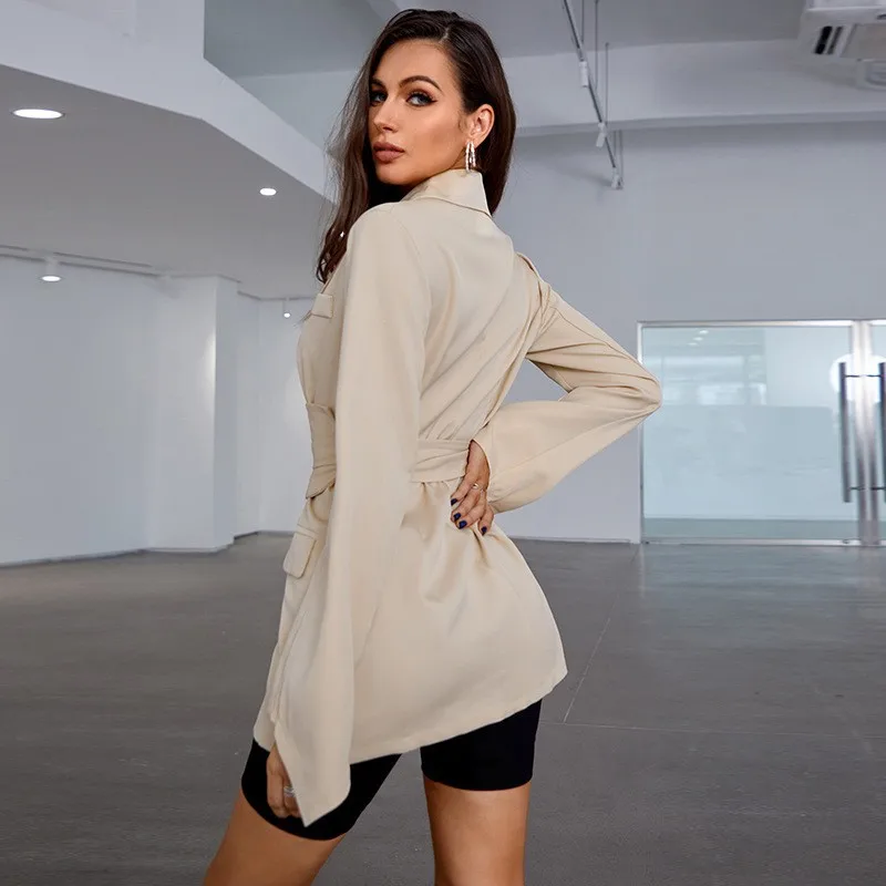 High-end Luxury Long Sleeve White Blazer Women Belt Slim Spring Autumn Jacket Trench Coat Designer Clothing Blazers Femme