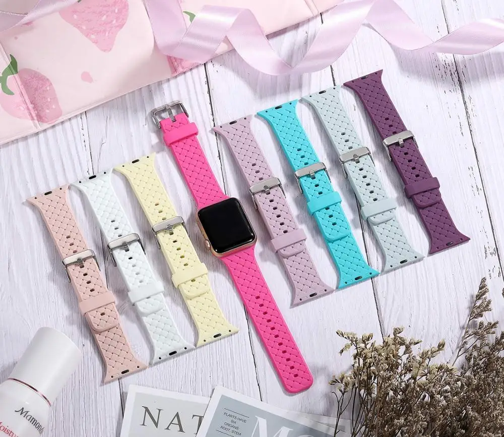 

Ремешок силиконовый для Apple watch band 44 мм 40 мм 45 мм 41 мм 42 мм 38 мм, плетеный браслет с узором для iWatch Series 6 5 4 3 SE 7, аксессуары для часов