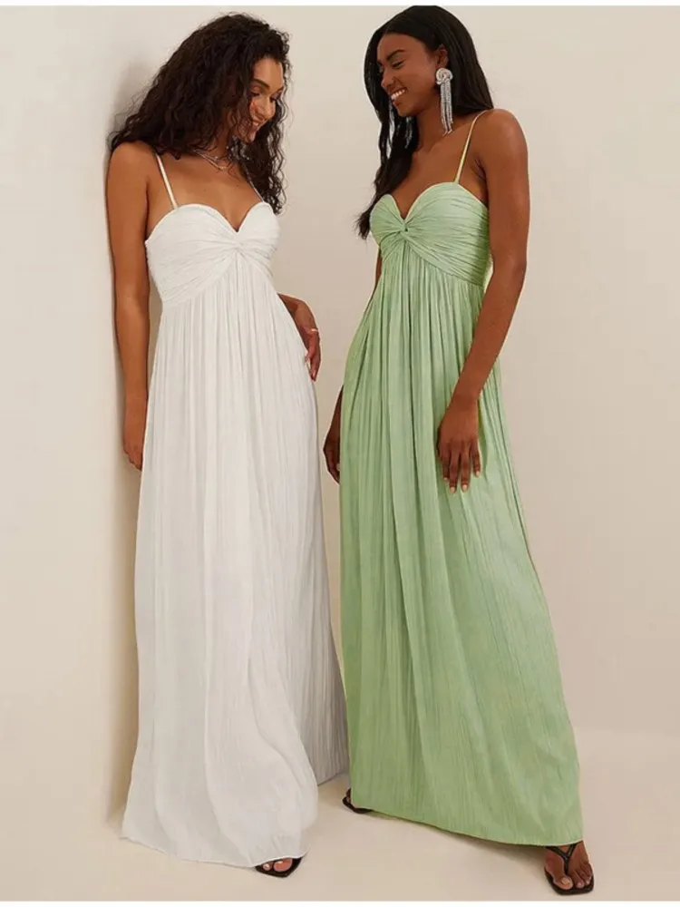 

2023 Elegant Solid Pleated Sling Dress For Women Fashion Sleeveless Backless A-line Dress Ladies Chic Party Club Sexy Vestidos