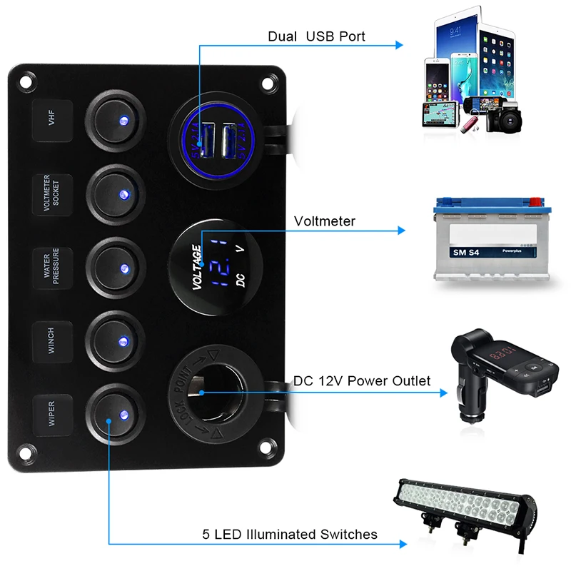 

5 клавиш ВКЛ./ВЫКЛ., 12 В, электрическая розетка для автомобиля, лодки, грузовика, кемпера, автомобильная панель переключения, двойное зарядное устройство USB, 4.2 А, светодиодный вольтметр