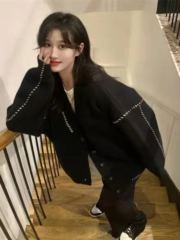 2025 женское винтажное свободное однотонное пальто-кардиган модное эстетичное