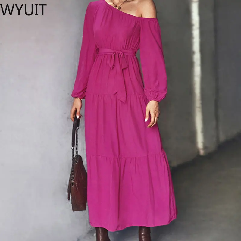 

Fashion Long Sleeve Lady Party Dresses Sexy Skew Collar Office Long Dress Women Casual Pleat Lace-up Solid Loose Hem Maxi Dress