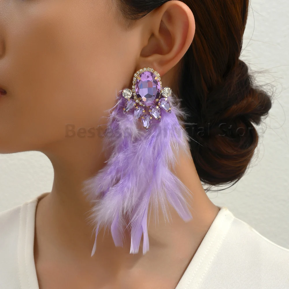 2025 элегантный декор со стразами длинные серьги-капли с перьями роскошные