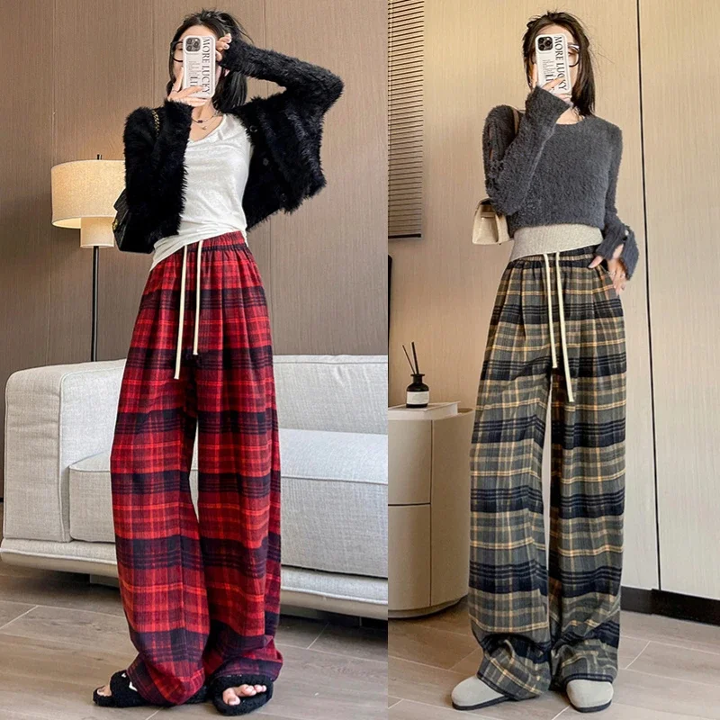 

Korean Fashion Red Plaid Pants Women Y2K Vintage Oversize Wide Leg Checkered Trousers American Retro Harajuku Jogging Sweatpants
