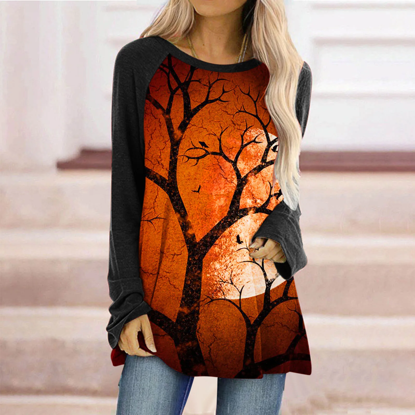 

Womens Halloween Hollow Casual Crew Neck Raglan Dandelion Printing Long Sleeve Tshirts Blouse Top Women's Loose Fit Tees