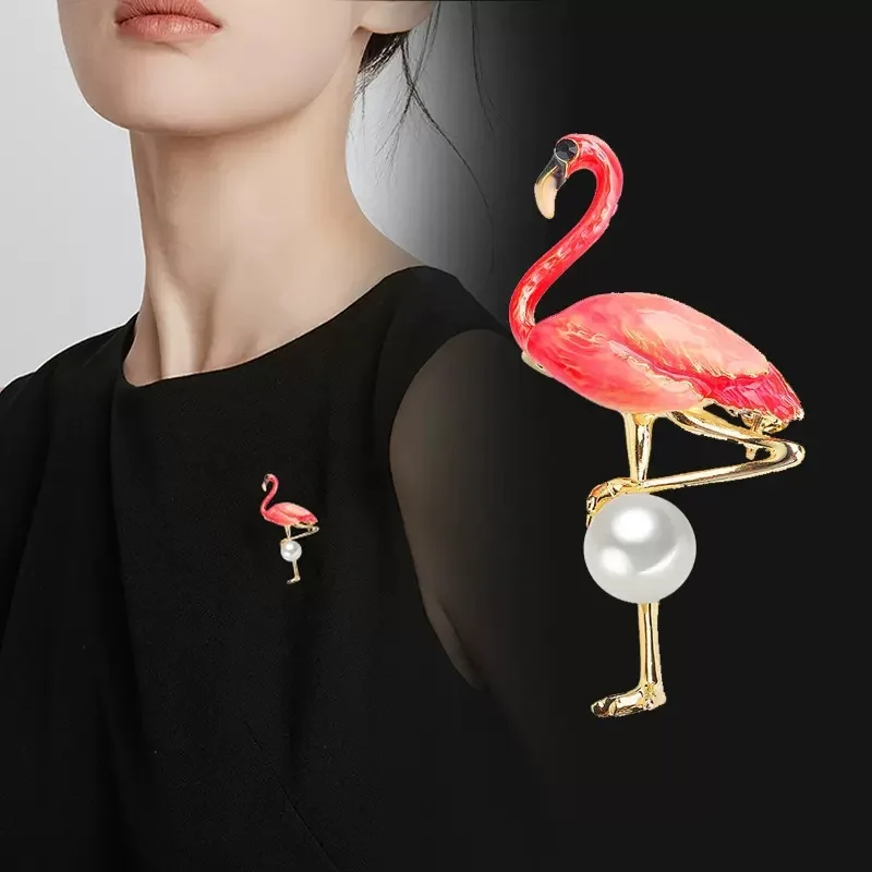

Cute Enamel Flamingo Brooches Unisex Blue Pink Bird Animal Pearl Brooches Pin Fashion Dress Coat Accessories Gold Color Jewelry