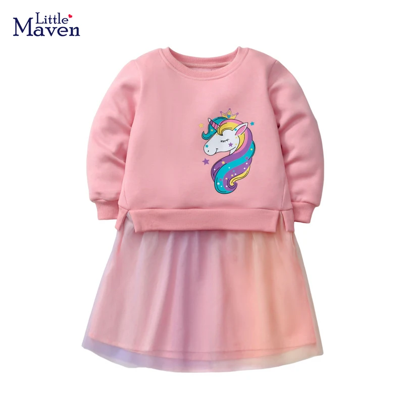 

Little maven 2023 Baby Girls Pretty Unicorn Fleece Autumn Winter Dress Lovely Mesh Skirt Princess Clothes for Kids 2-7 year