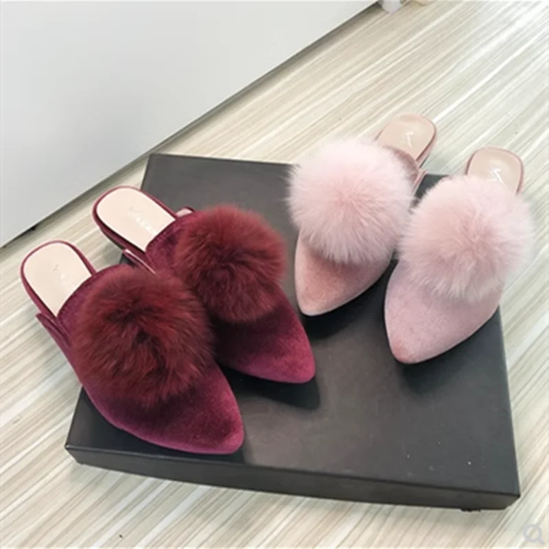 Lady 2023 New Corduroy Velvet Ball Slides Pointy Toe Shallow Mouth Green Grey Slippers No Heels Flats For Narrow Feet 32-44 27cm