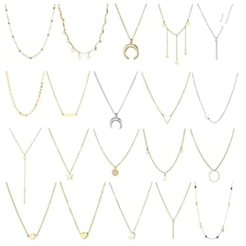 

20PCS Multiple DIY Layered Choker Necklace for Women Coin Moon Star Multilayer Choker Chain Necklaces Set Adjustable Bar Pendant