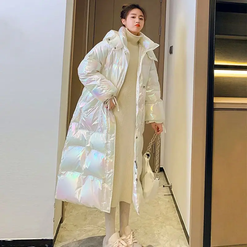 Winter Coat for Women Parka Women's Long Hooded 2023 Winter New Gloosy Bright Over Knee Jacket Winter Parka Zipper Pockets S80