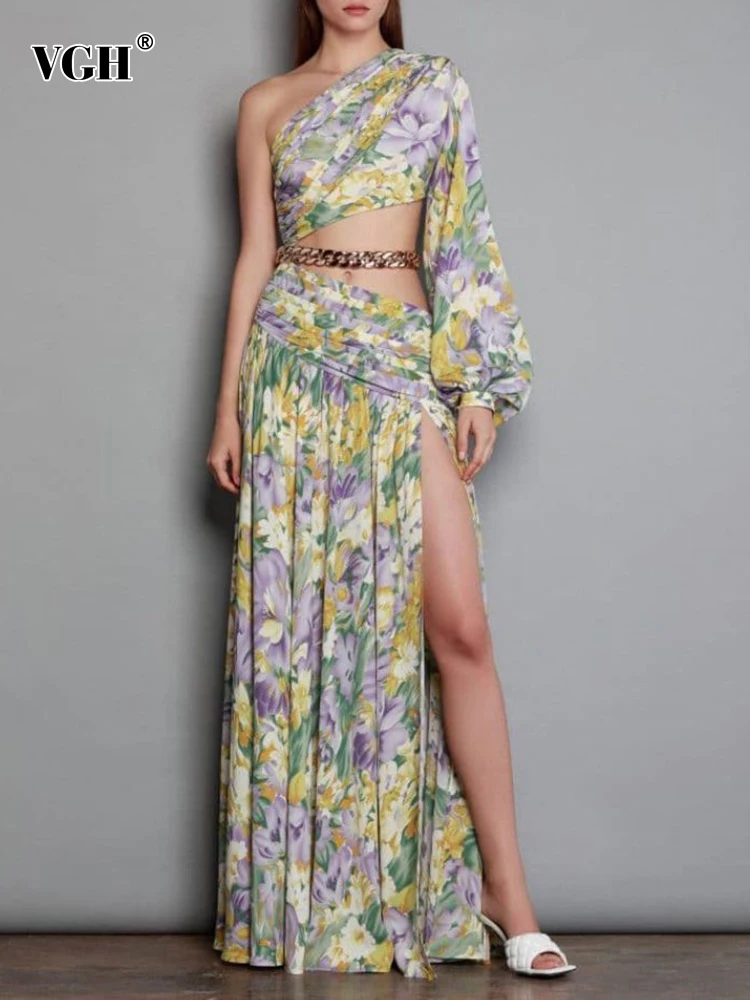 

VGH Patchwork Chain Cut Out Dress For Women Diagonal Collar Long Sleeve High Waist Print Colorblock Midi Dresses Female Summer