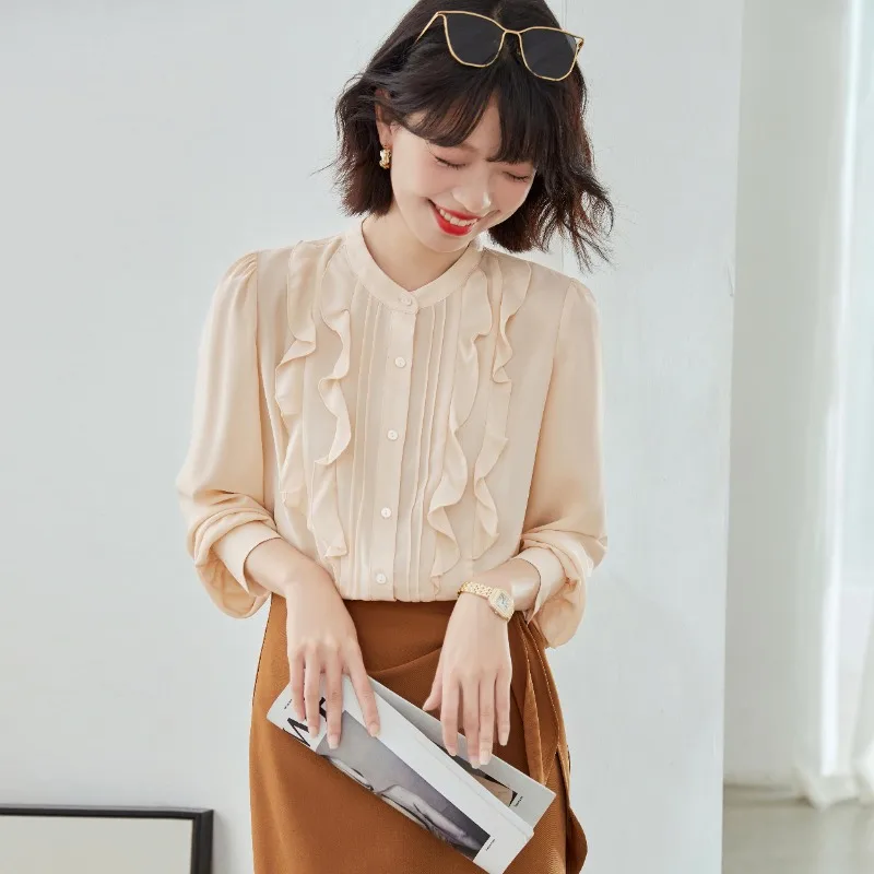 

Solid Women's Shirts Summer 2023 New Chiffon Blouses Loose Casual Long Sleeves Ruffles Tops O-neck Ladies Clothing YCMYUNYAN