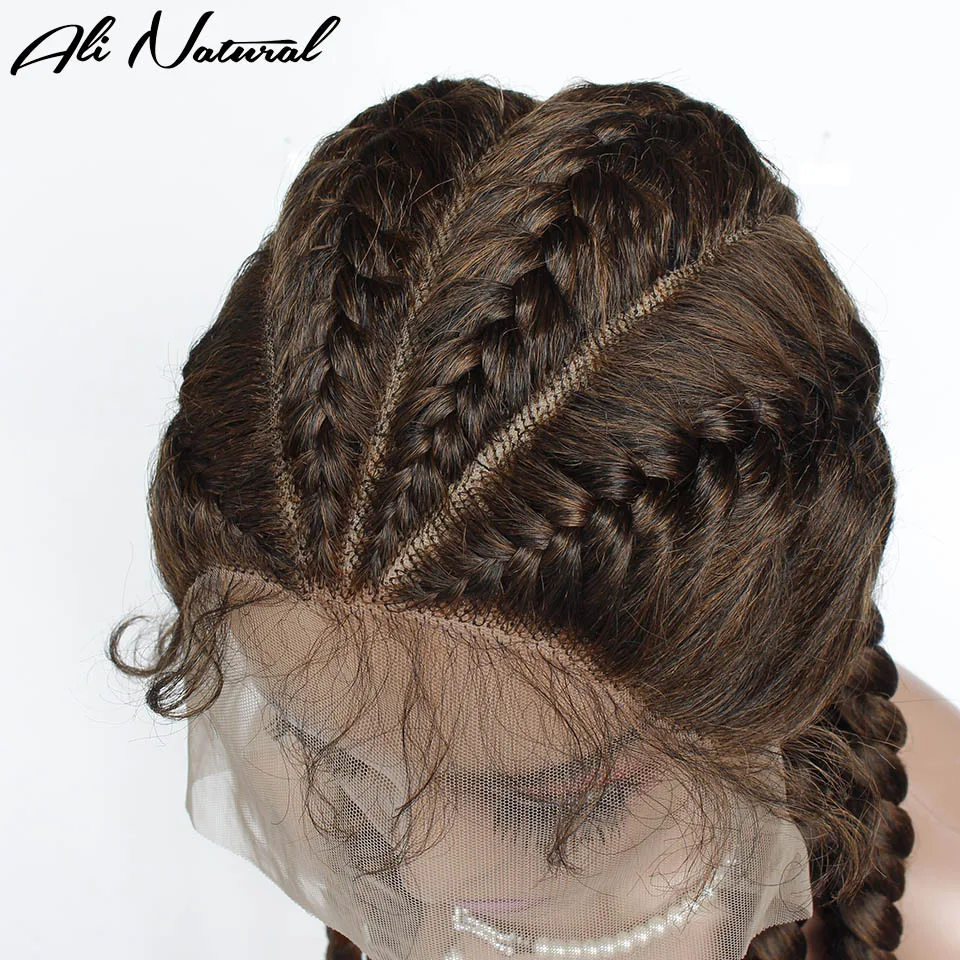 Handmade Box Braided Synthetic Lace Front Wig with Baby Hair Mixed Brown Big Braiding Triangle 4 Braids Wig for Women Lace Wig