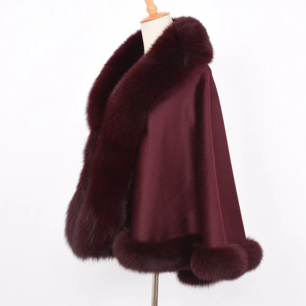 Women Fashion Real Fox Fur Poncho Solid Elegant Cashmere Capes Winter Thicken Warm All-match Fur Cloak For Women Top Quality