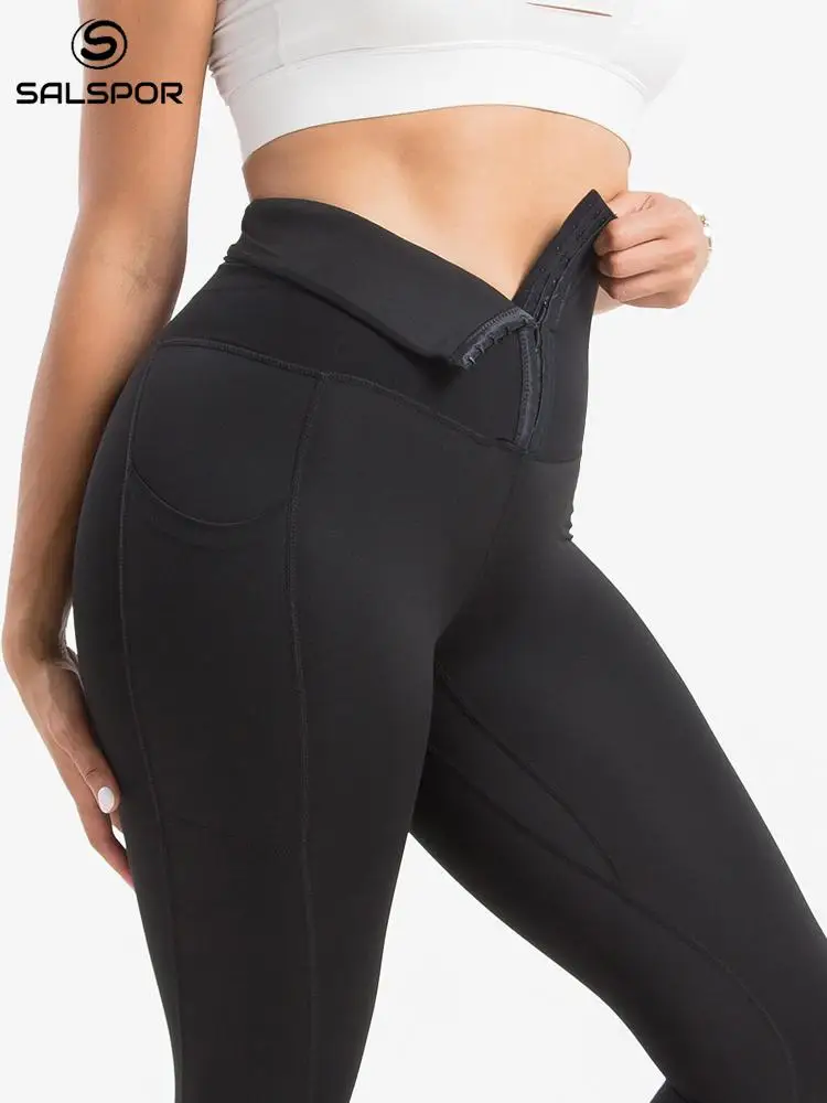 

SALSPOR High Waist Breasted Sports Leggings with Pockets Elastic Body Sculpting Leggings for Fitness Casual Push Up Leggings