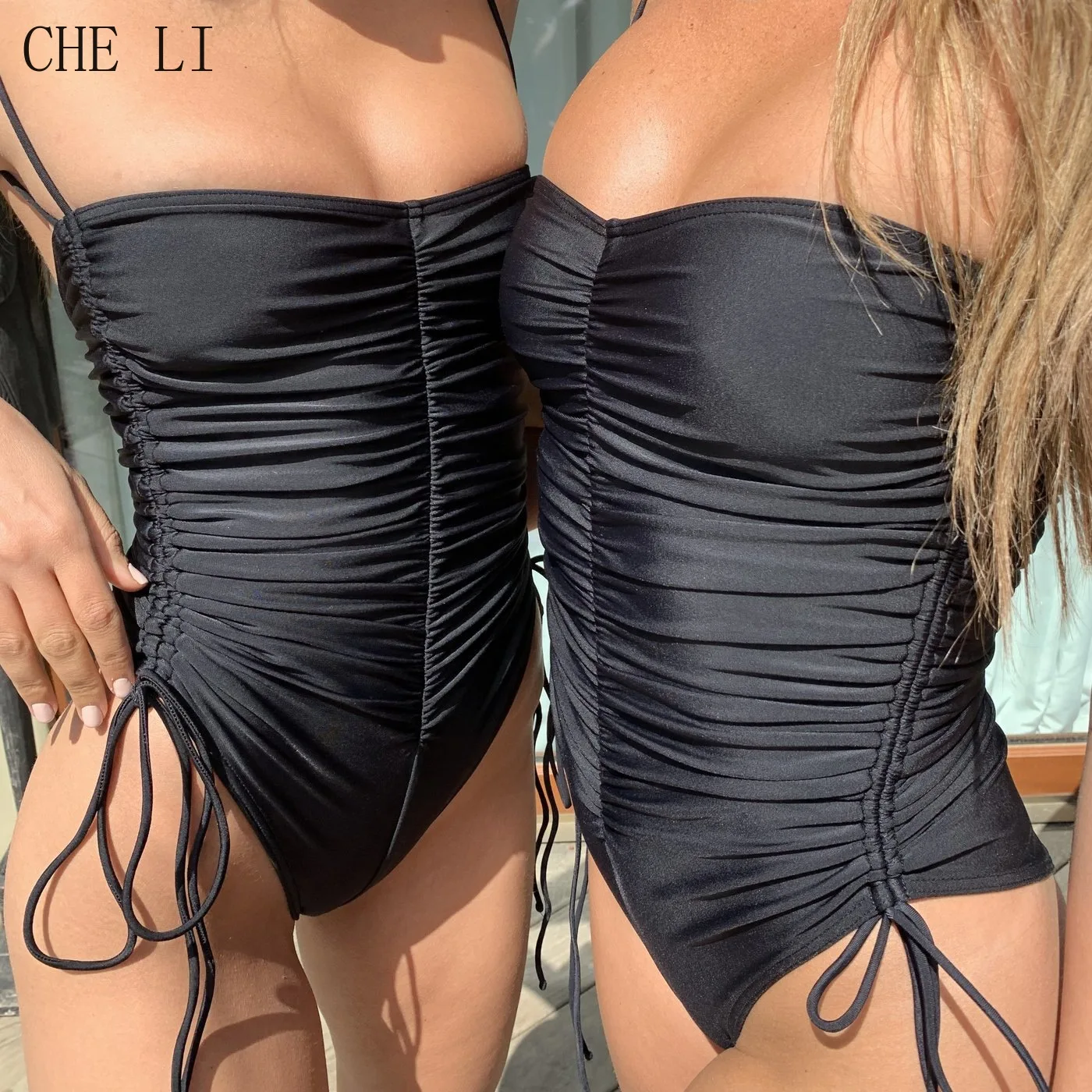 

Suspender Swimsuit Women Solid Color Drawstring One Piece Bathing Suit 2022 Summer Holiday Black Sexy Swimwear Beachwear Female