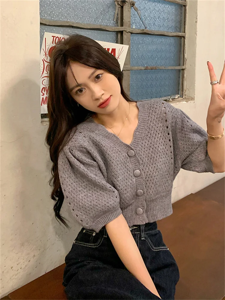 Женский трикотажный кардиган с рукавами-фонариками повседневный элегантный