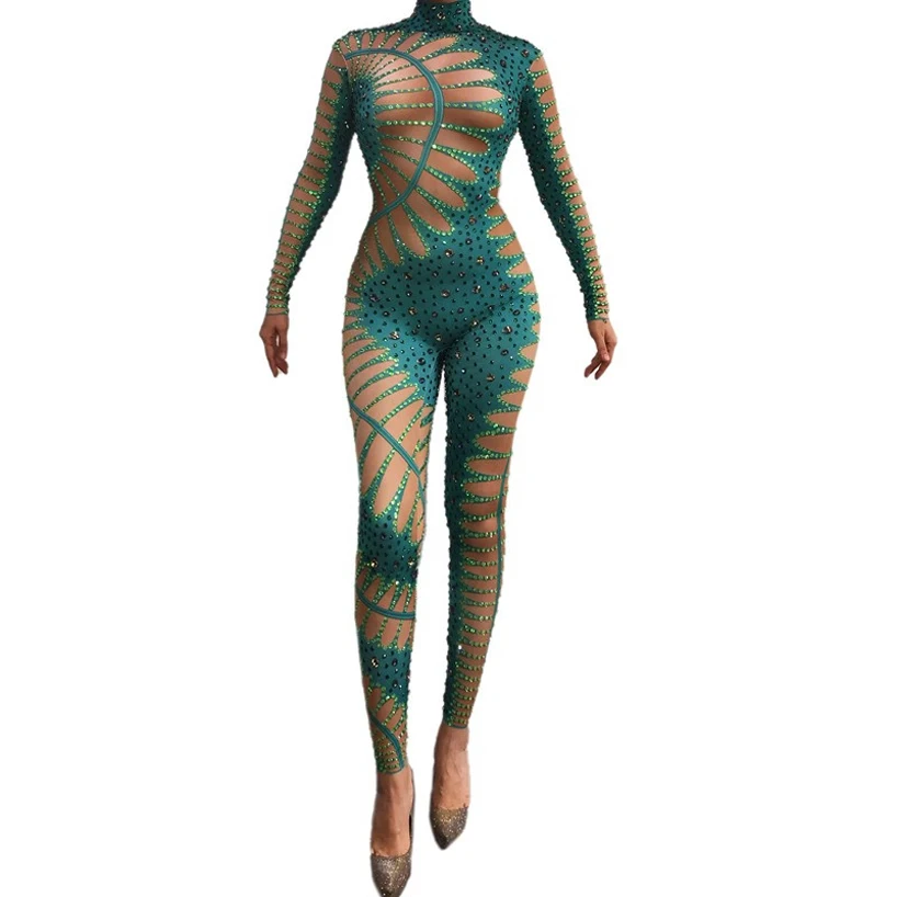 

Female Singer Sexy Stretch Dance Bodysuit Rhinestones Green Nude Jumpsuit party stage show wear