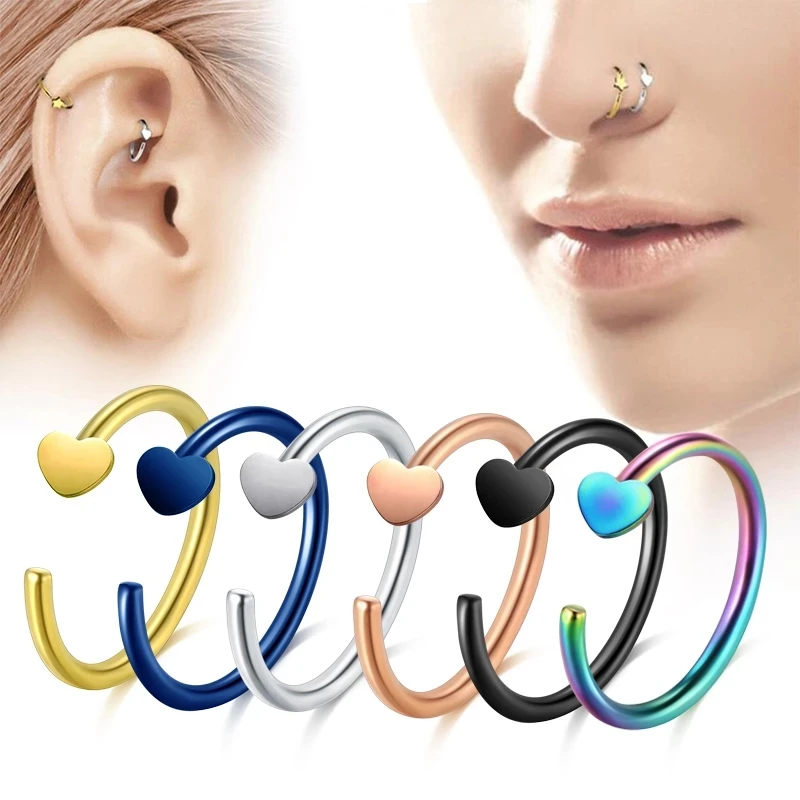 

1pc Fake Nose Hoop Ring Nostril Pin 20G Heart Surgical Steel Women Girl Tragus Cartilage Earrings Body Piercing Jewelry