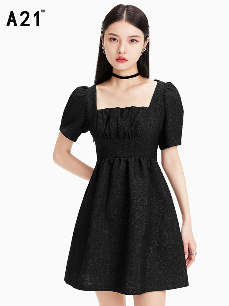 

A21 Women's Woven Dress 2022 Summer New Korean Version French Small Square Collar Sexy Bow Sweet Short-sleeved A-line Dress