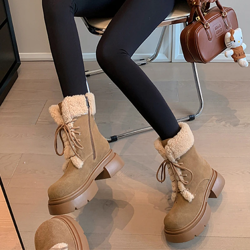 

Женские ботильоны на плоской подошве, зимняя теплая обувь с мехом, новинка 2024, дизайнерские замшевые ботинки челси на молнии, со шнуровкой, женские ботинки в стиле панк