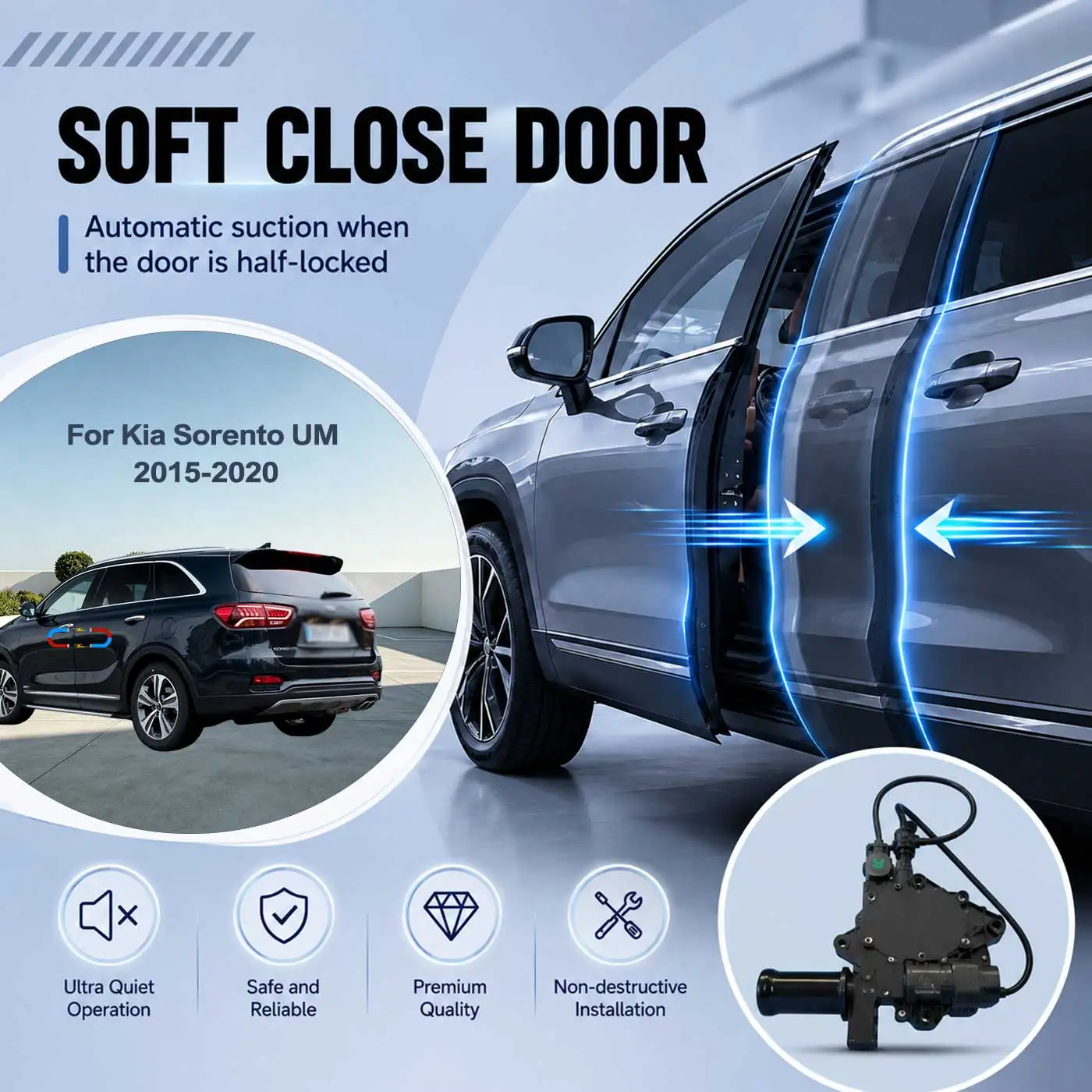 Фото Для Kia Sorento UM 2015-2020: Комплект электрических доводчиков дверей с функцией мягкого закрывания и автоматическим всасывающим механизмом, интеллектуальный бесшумный доводчик. №1