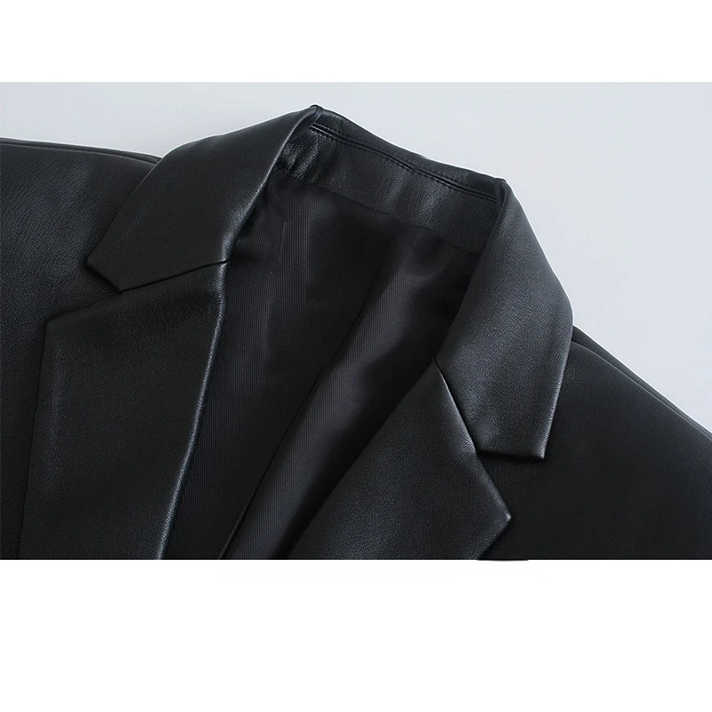 2022 NEW Fashion Women's Pockets Long Sleeve Back Vents Female Outerwear PU Faux Leather Loose Blazer Coat Vintage Chic Tops