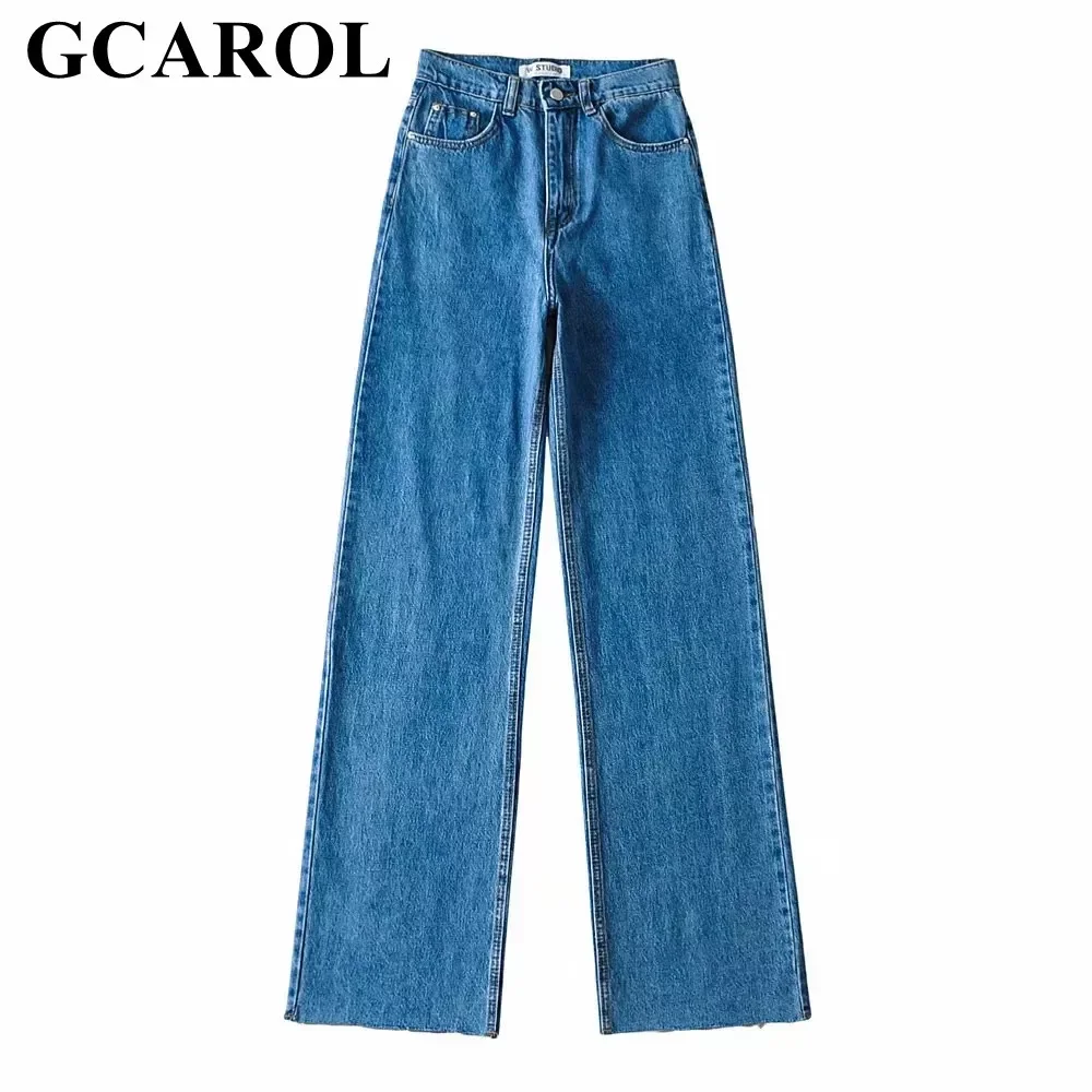 

GCAROL Women High Waisted Straight Jeans Wide Leg Pants With Rough Edge Slim and Sagging Chic Stylish Bottom Burr Denim Trousers