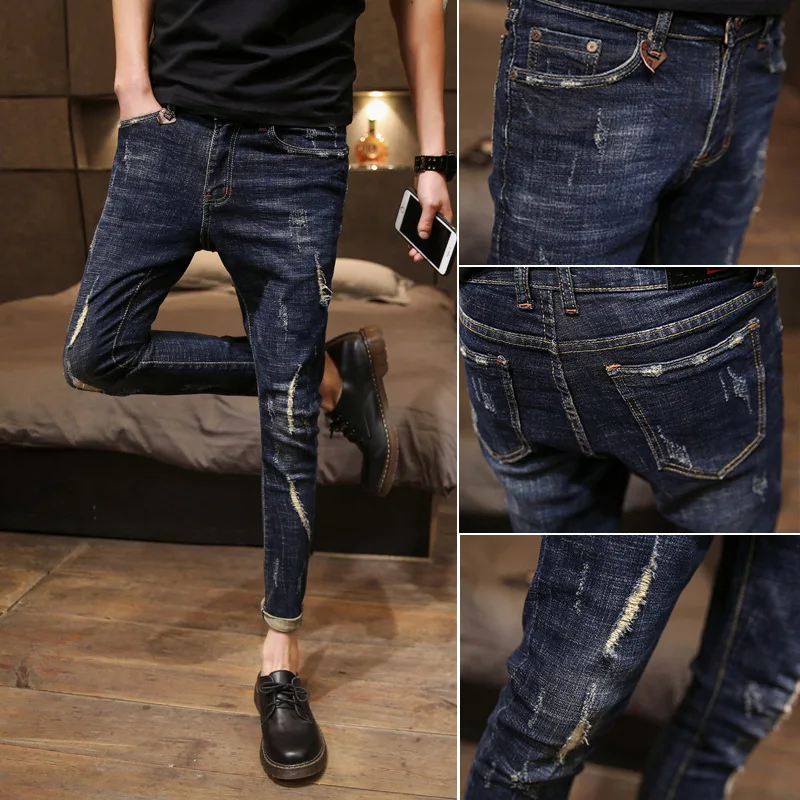 

Модные облегающие брюки, трендовые мужские облегающие рваные брюки-карандаш длиной 2022, корейские джинсовые брендовые джинсы, повседневные брюки до щиколотки, оптовая продажа