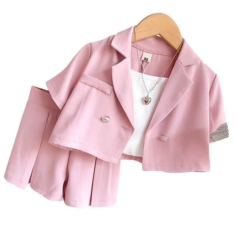 

Summer Clothing Sets for Girls Kids 2-9 Years Shortsleeve Blazer Vest Wide-leg Shorts 3 Pcs Suit Coat Kids French Style Costumn