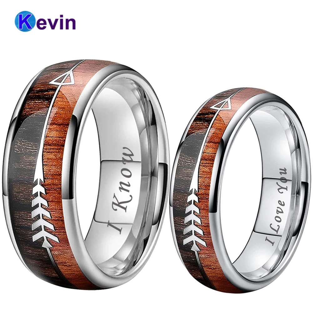 

6MM 8MM Cool Arrow Ring Men Women Tungsten Wedding Band With Different Wood Inlay I Love You I Know Engraved Comfort Fit