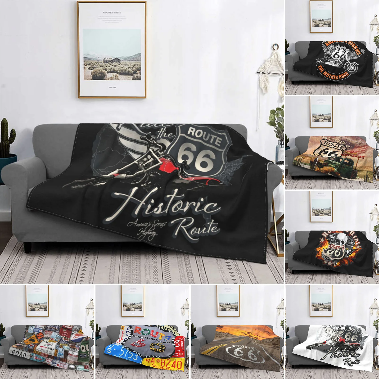 

US 66 Biker Blanket Soft Flannel Fleece Warm Route 66 America Highway Motorcycle Throw Blanket for Home Bedroom Couch Bedspreads