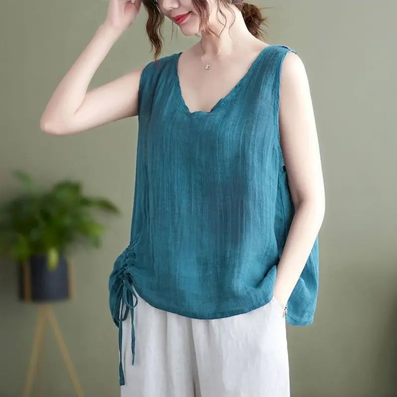 Хлопковые льняные жилеты женские летние корейские стильные повседневные