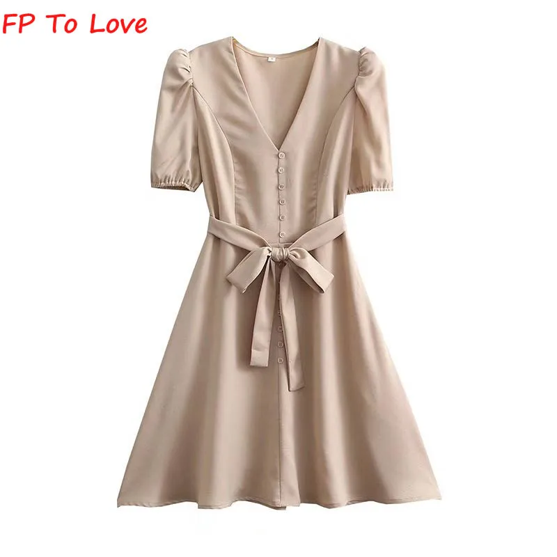 

Женское однобортное платье-мини FP TO LOVE, винтажное платье абрикосового цвета с V-образным вырезом и коротким рукавом, лето 2022