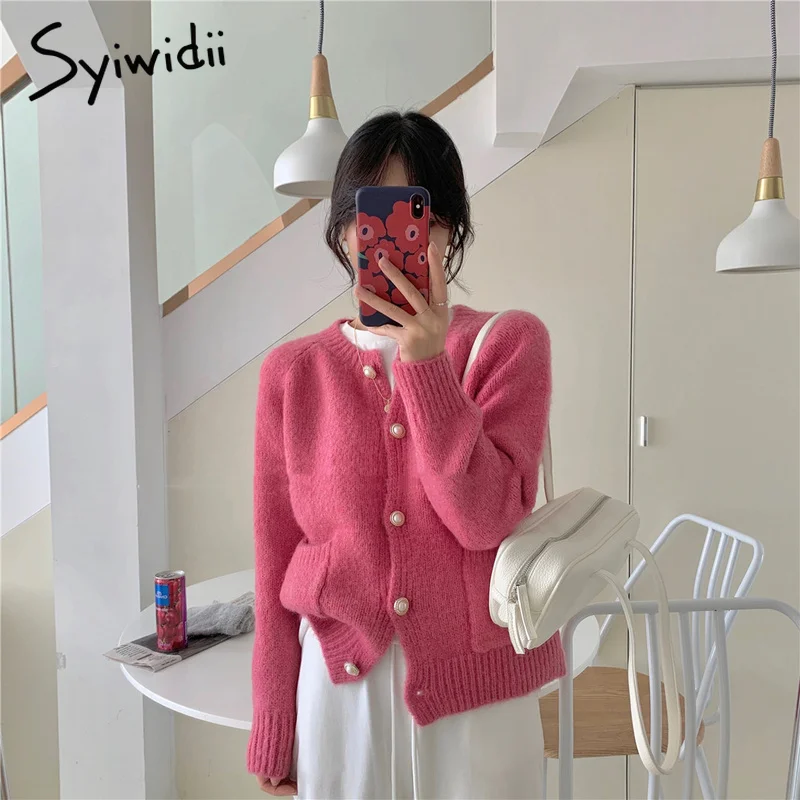 Женский вязаный кардиган повседневный короткий свитер с круглым вырезом и
