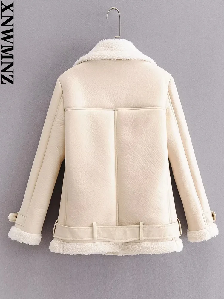 XNWMNZ 2022 women winter fur motorcycle retro belted riding women's coat long-sleeved lapel thick warm black zipper female coat
